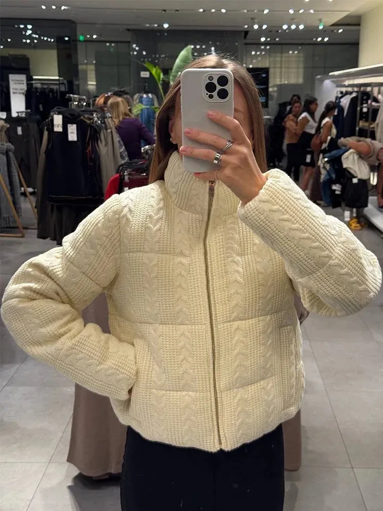 Fashionkova Knitted Cotton Thicken Short Coat Women Zipper Turn-down Collar Loose Long Sleeve Warm 2024 Winter Jacket Chic Street Outwear