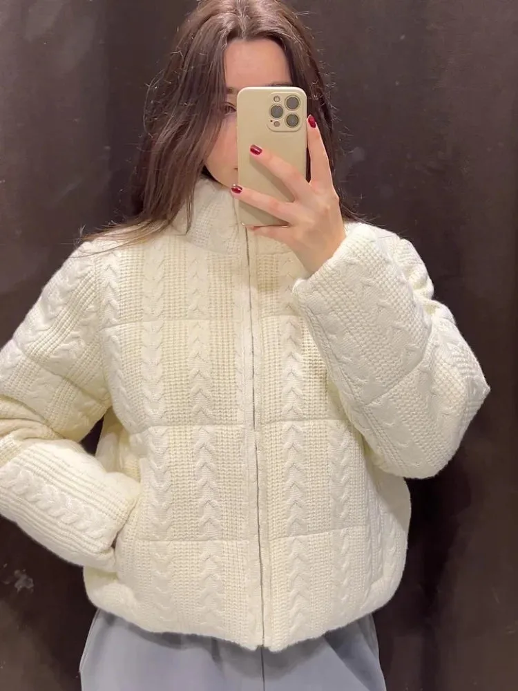 Fashionkova Knitted Cotton Thicken Short Coat Women Zipper Turn-down Collar Loose Long Sleeve Warm 2024 Winter Jacket Chic Street Outwear