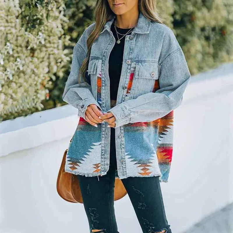 Fashionkova  Women Patchwork Denim Jacket Printed Long Sleeve Lapel Button Down Cardigan Autumn Spring Casual Coat 90S Vintage Streetwear