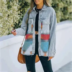 Fashionkova  Women Patchwork Denim Jacket Printed Long Sleeve Lapel Button Down Cardigan Autumn Spring Casual Coat 90S Vintage Streetwear