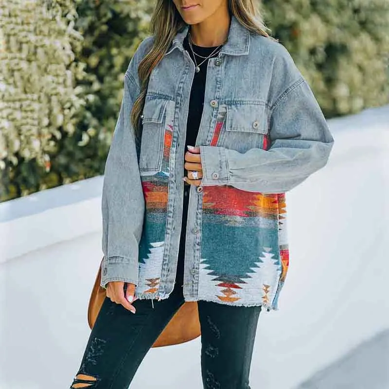 Fashionkova  Women Patchwork Denim Jacket Printed Long Sleeve Lapel Button Down Cardigan Autumn Spring Casual Coat 90S Vintage Streetwear