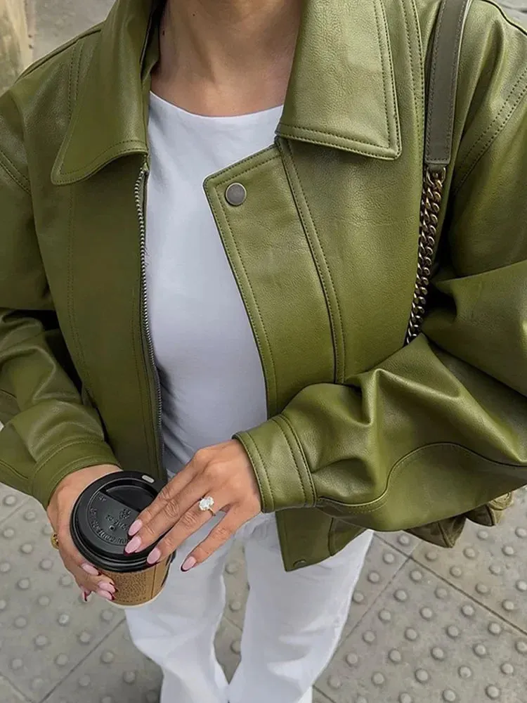 Fashionkova Women Retro Green Lapel Leather Jacket Chic Long Sleeve Single Breasted Pocket Loose Coat 2024 Fall Winter Lady High Streetwear