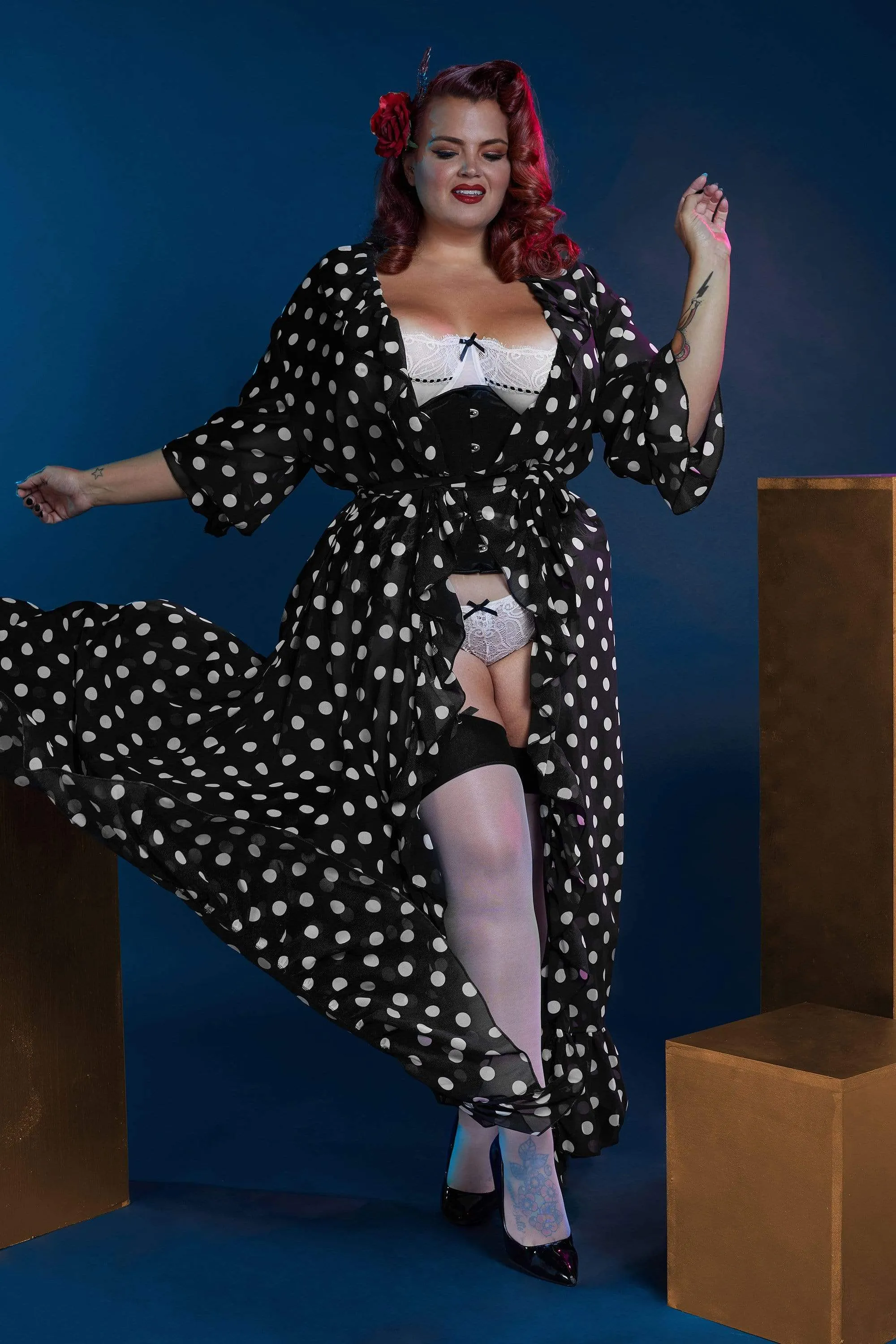 FFFB Chiffon Polka Dot Black Robe Curve