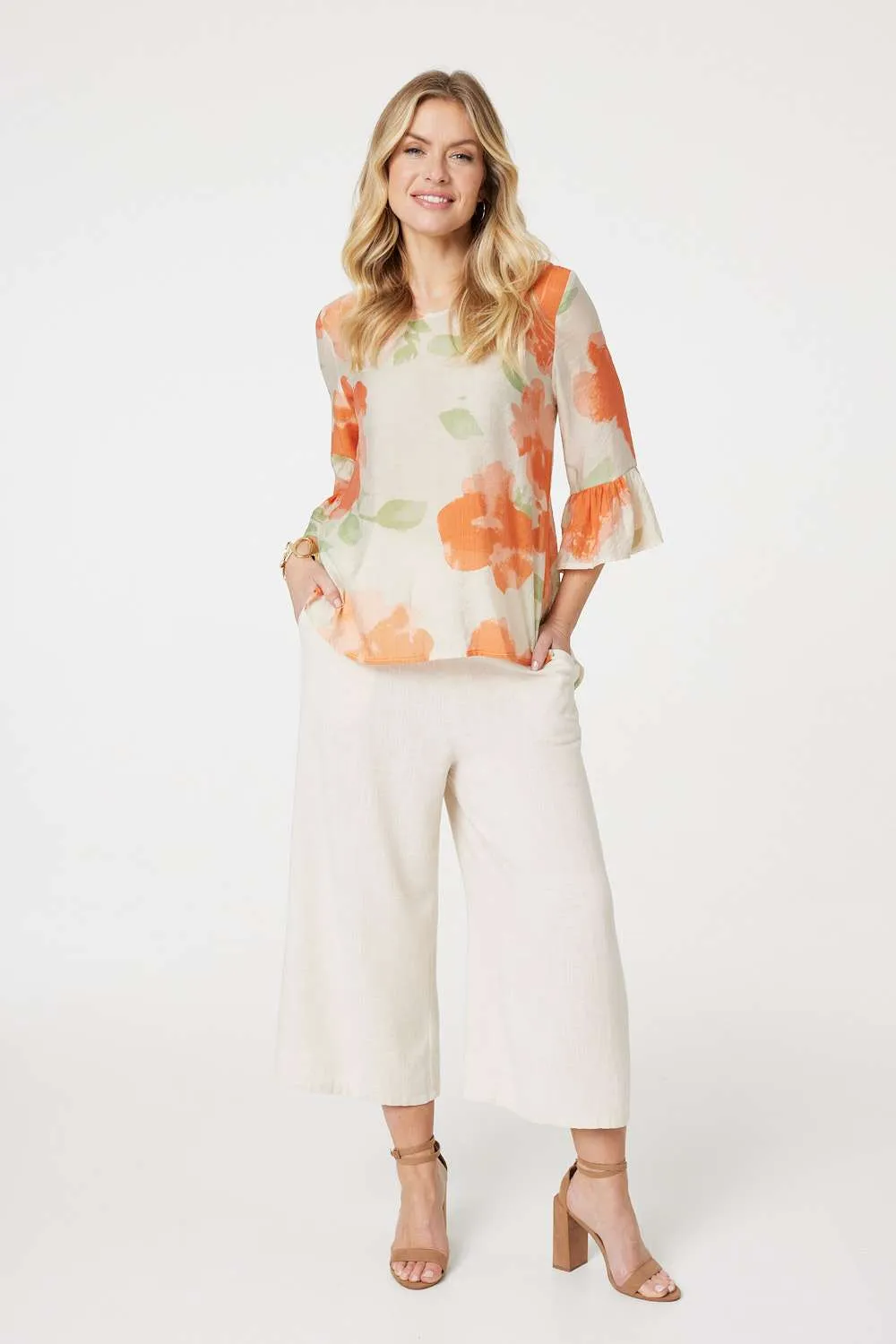 Floral Flute Sleeve High Low Blouse