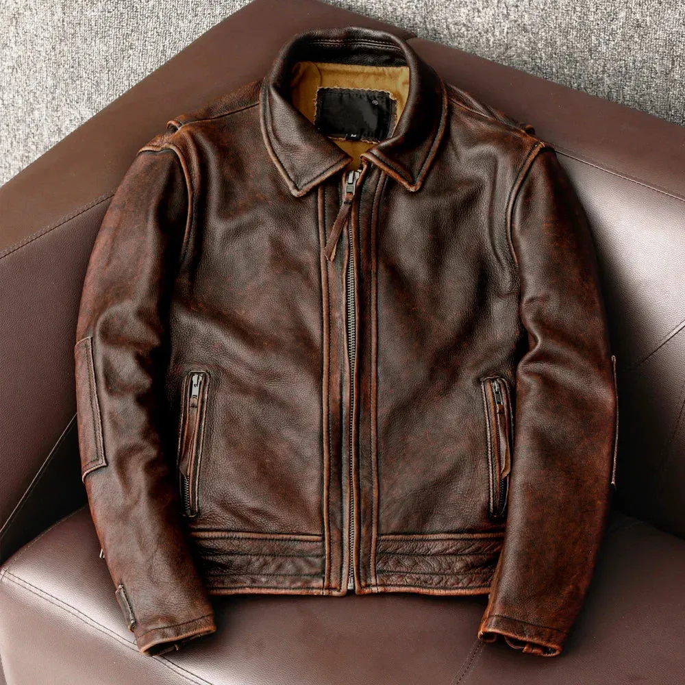 Flytonn-Men Fall Outfits Outwear Streetwear y2k 90s Fashion Men Genuine Leather Jacket Vintage Brown 100% Cowhide Coat Man Slim Fashion Biker Clothing Asian Size S-6XL M697 Dropshipping