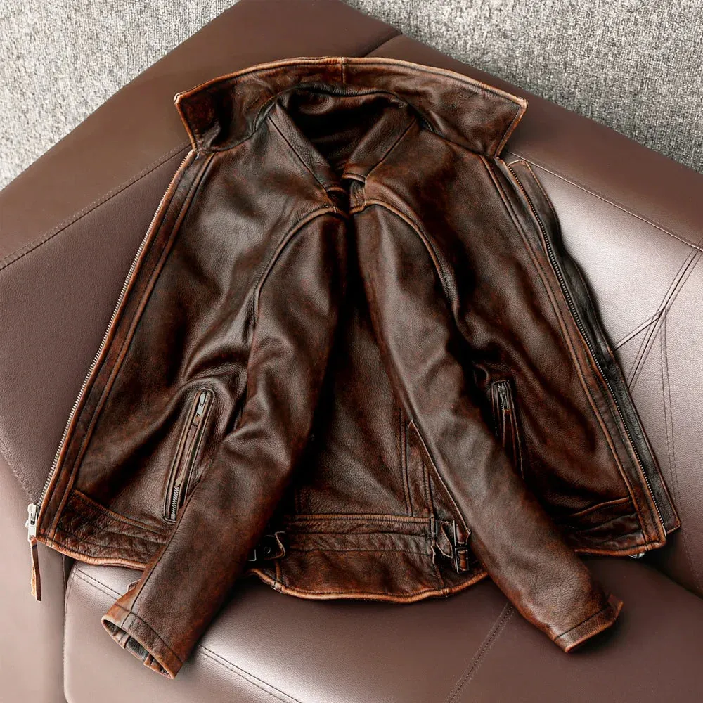 Flytonn-Men Fall Outfits Outwear Streetwear y2k 90s Fashion Men Genuine Leather Jacket Vintage Brown 100% Cowhide Coat Man Slim Fashion Biker Clothing Asian Size S-6XL M697 Dropshipping