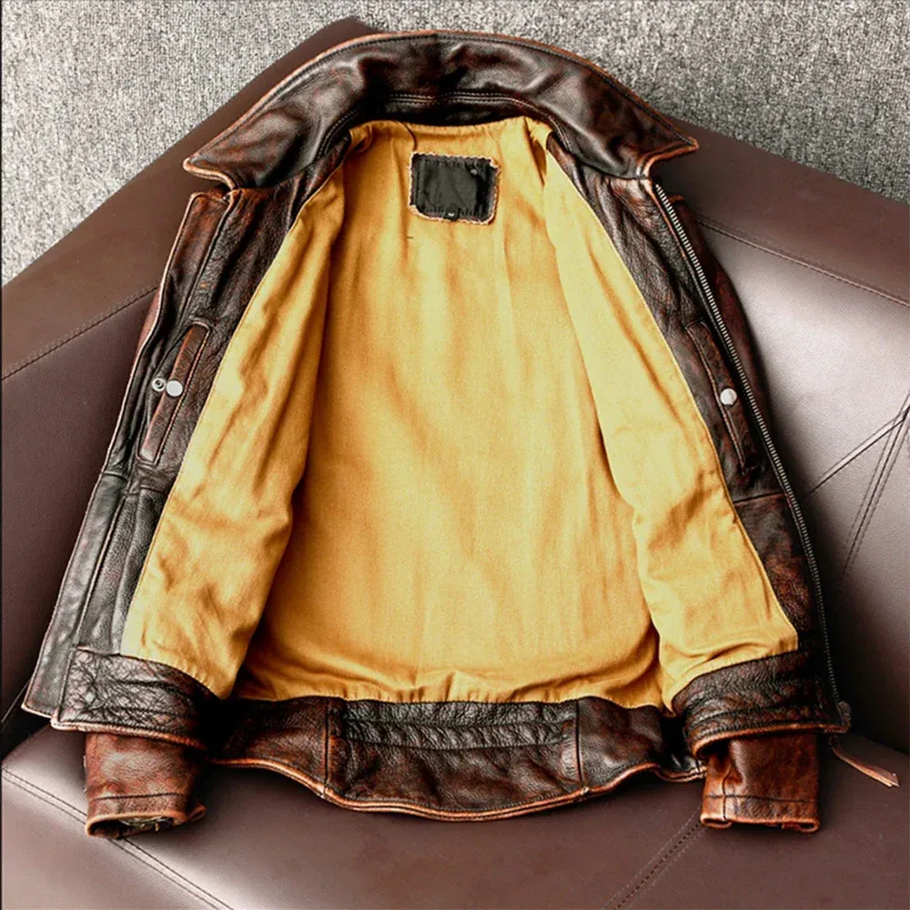 Flytonn-Men Fall Outfits Outwear Streetwear y2k 90s Fashion Men Genuine Leather Jacket Vintage Brown 100% Cowhide Coat Man Slim Fashion Biker Clothing Asian Size S-6XL M697 Dropshipping