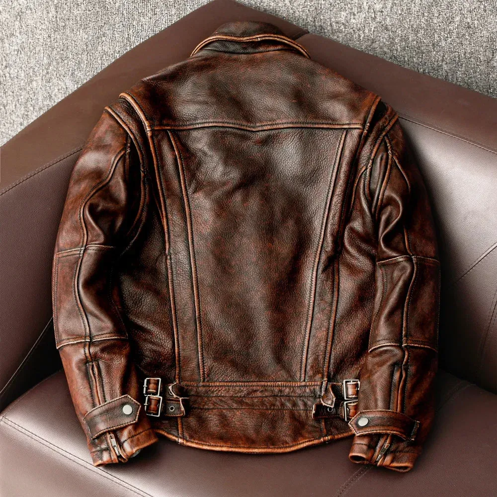 Flytonn-Men Fall Outfits Outwear Streetwear y2k 90s Fashion Men Genuine Leather Jacket Vintage Brown 100% Cowhide Coat Man Slim Fashion Biker Clothing Asian Size S-6XL M697 Dropshipping