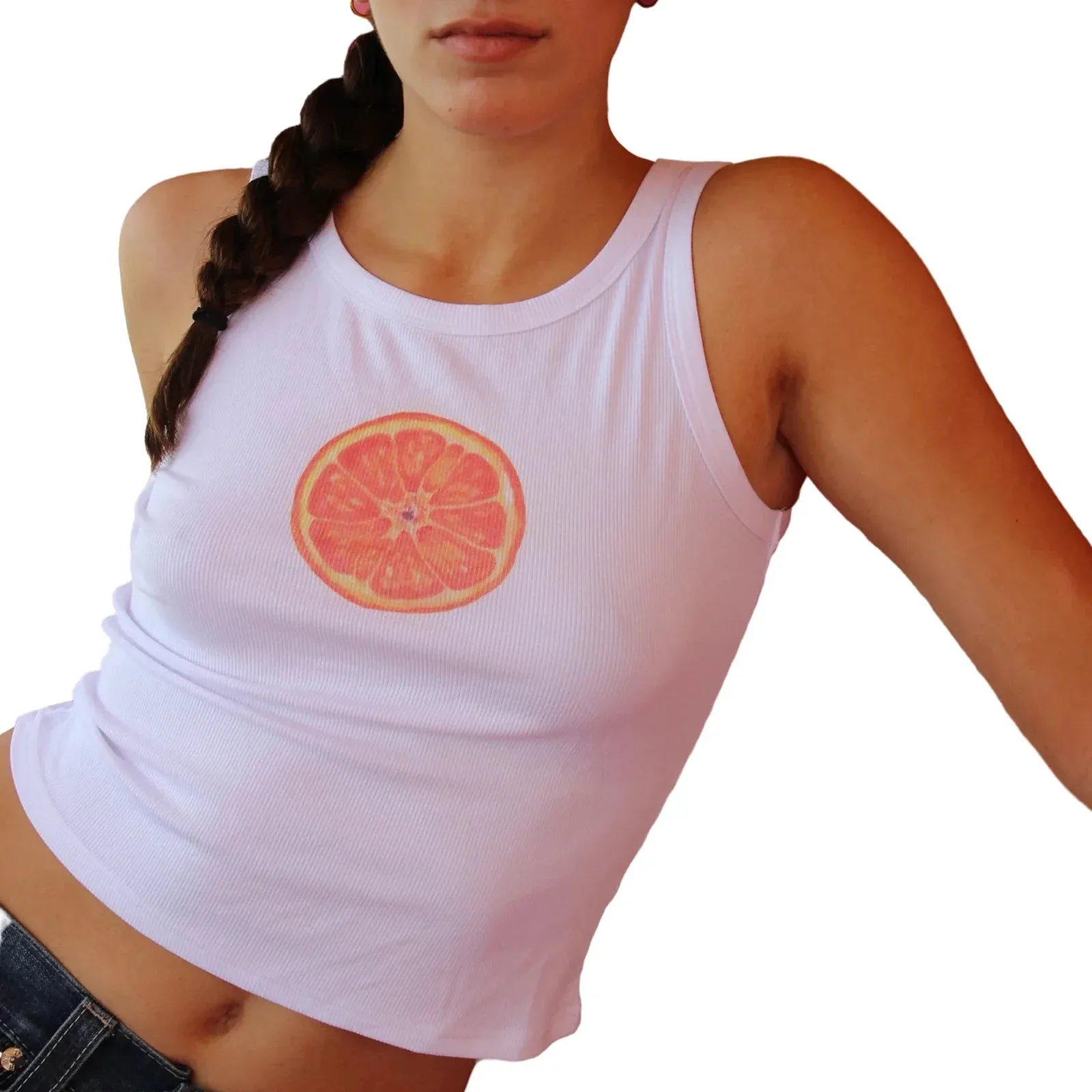 Fruit Print Round Neck Sleeveless Ribbed Streetwear Crop Playful Top