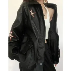 Girlary Streetwear Pu Leather Jackets Women Oversized Embroidery Coat Harajuku Vintage Turn Down Collar Loose Casual Outwear Tops