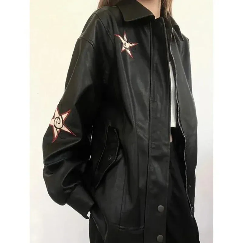 Girlary Streetwear Pu Leather Jackets Women Oversized Embroidery Coat Harajuku Vintage Turn Down Collar Loose Casual Outwear Tops