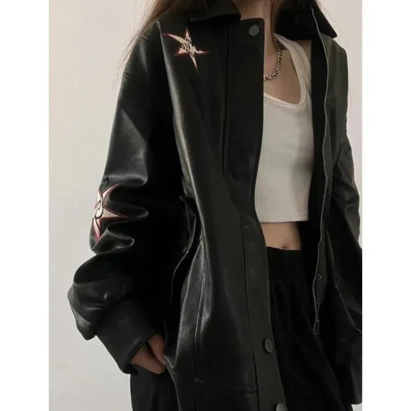 Girlary Streetwear Pu Leather Jackets Women Oversized Embroidery Coat Harajuku Vintage Turn Down Collar Loose Casual Outwear Tops