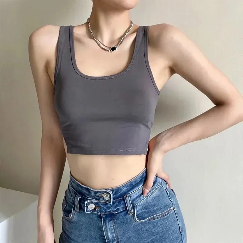 Girls Summer New Arrival Sexy Cropped Solid Color Tight-Fitting Round Neck Vest with Side Slits Tank Top