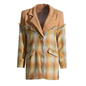 Hit Color Blazers For Women Notched Long Sleeve Patchwork Plaid Casual Single Breasted Straight Blazer Female