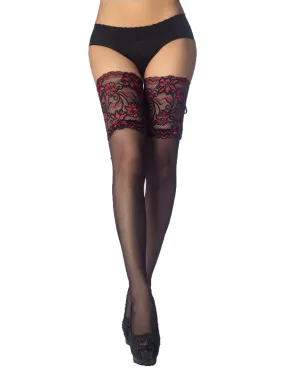 iB-iP Women's Lace Mesh Stylish Sheer Seam Back Thigh High Hold-up Stockings