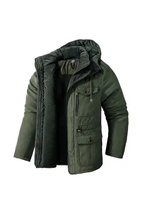 Ilooove - Men's Utility Lam Lined Hooded Cotton Jacket Thickened Multi-pocket Army Green Color Coat  Outdoor Work Wear Big Size For Warm Winter