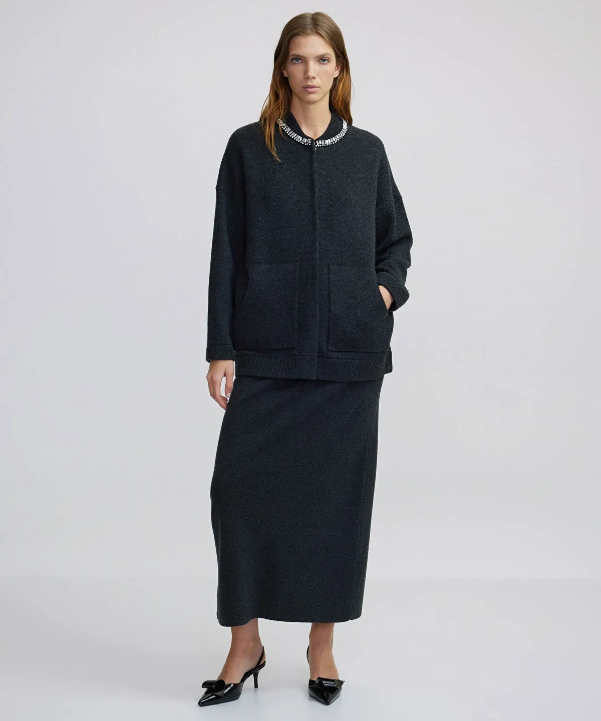 Ipekyol Embroidered Knitted Coat Anthracite