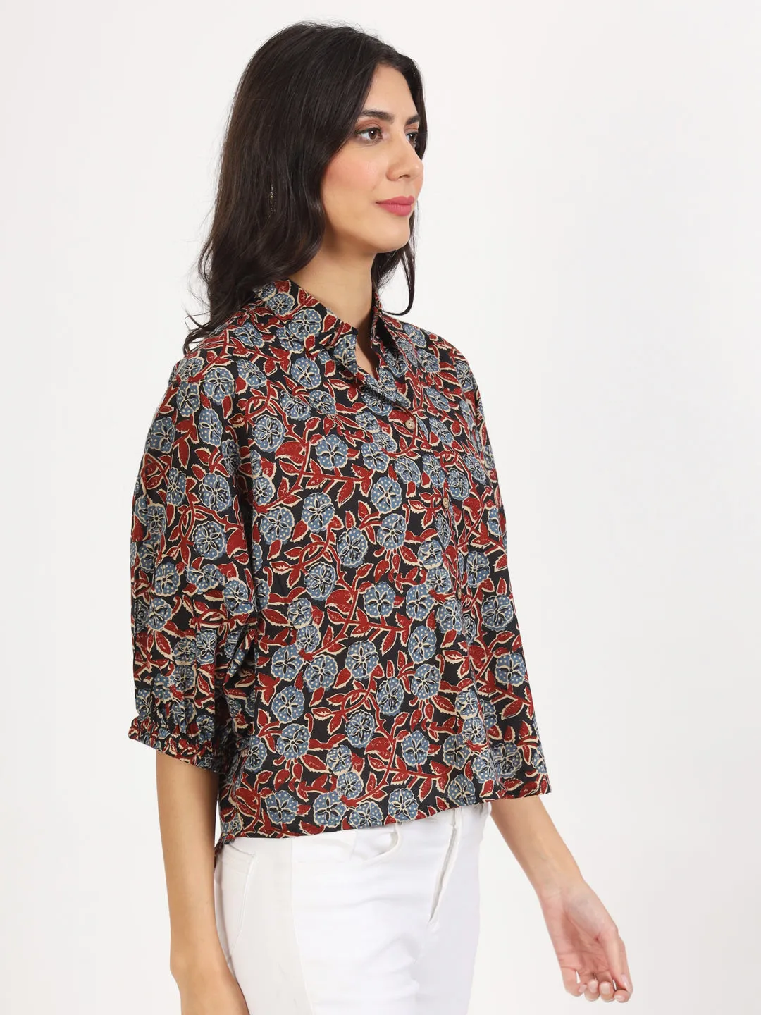 Jashvi Black Floral Printed Cotton Tops