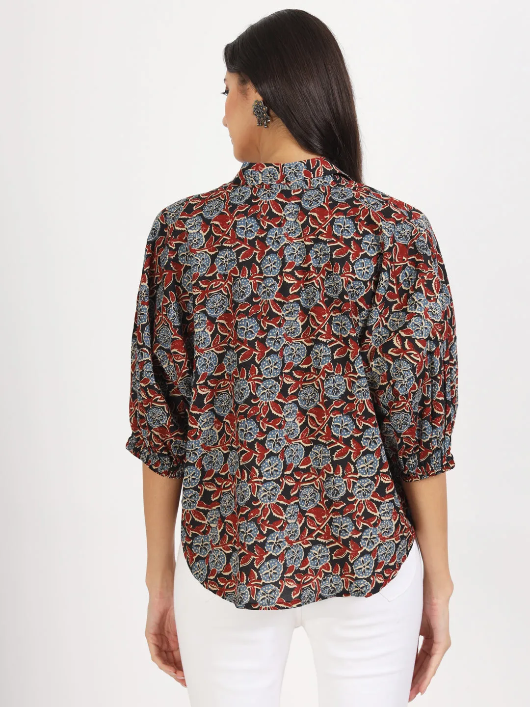 Jashvi Black Floral Printed Cotton Tops