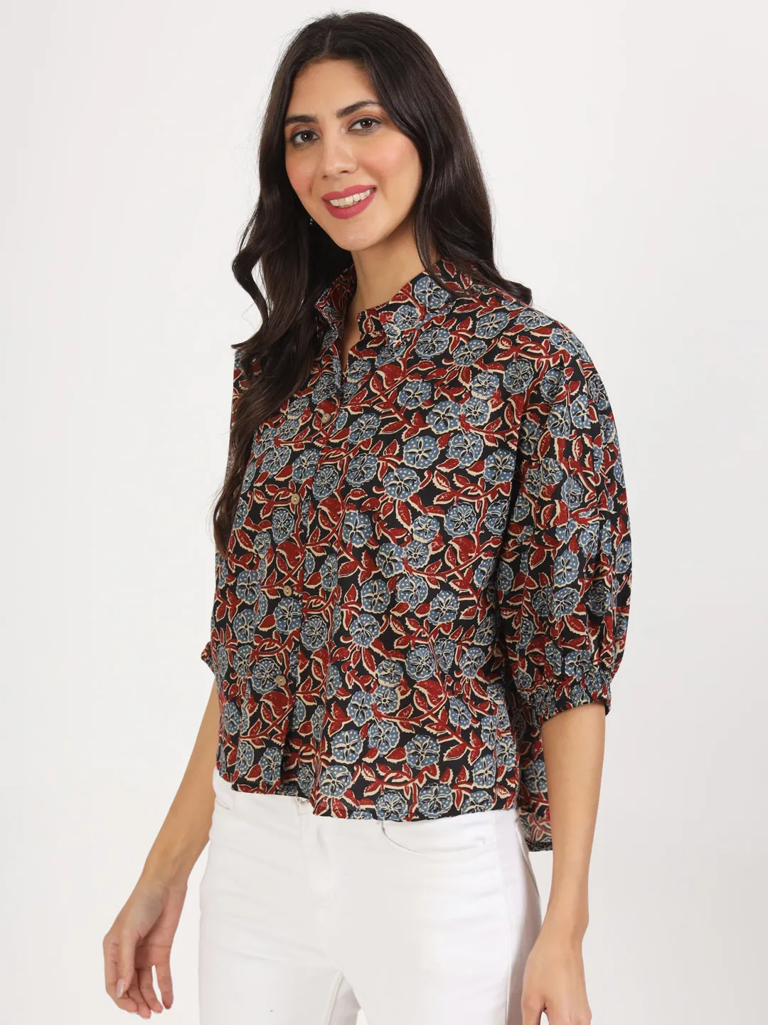 Jashvi Black Floral Printed Cotton Tops