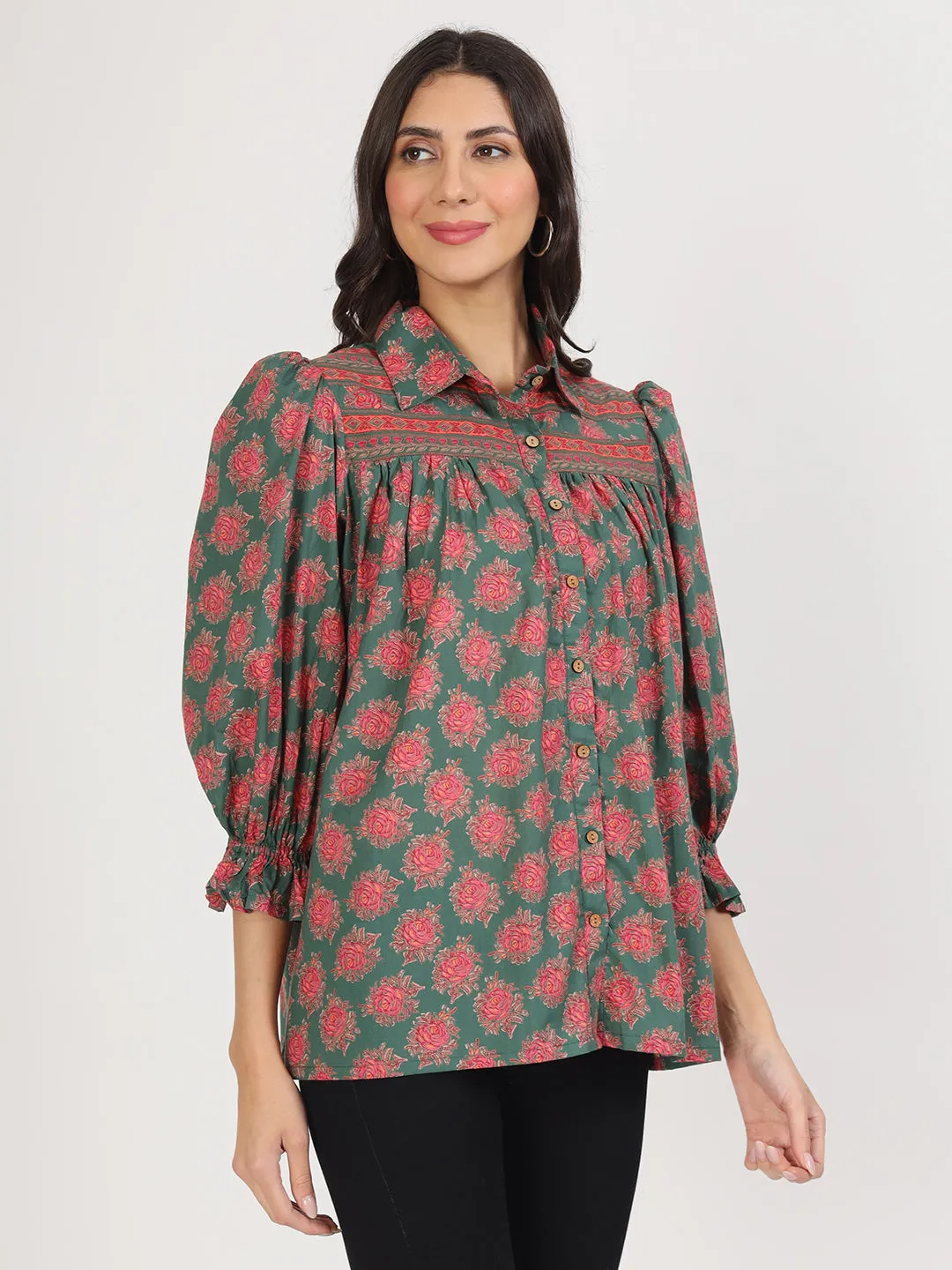 Jashvi Green Cotton Peplum FitCollar Neck top for Women