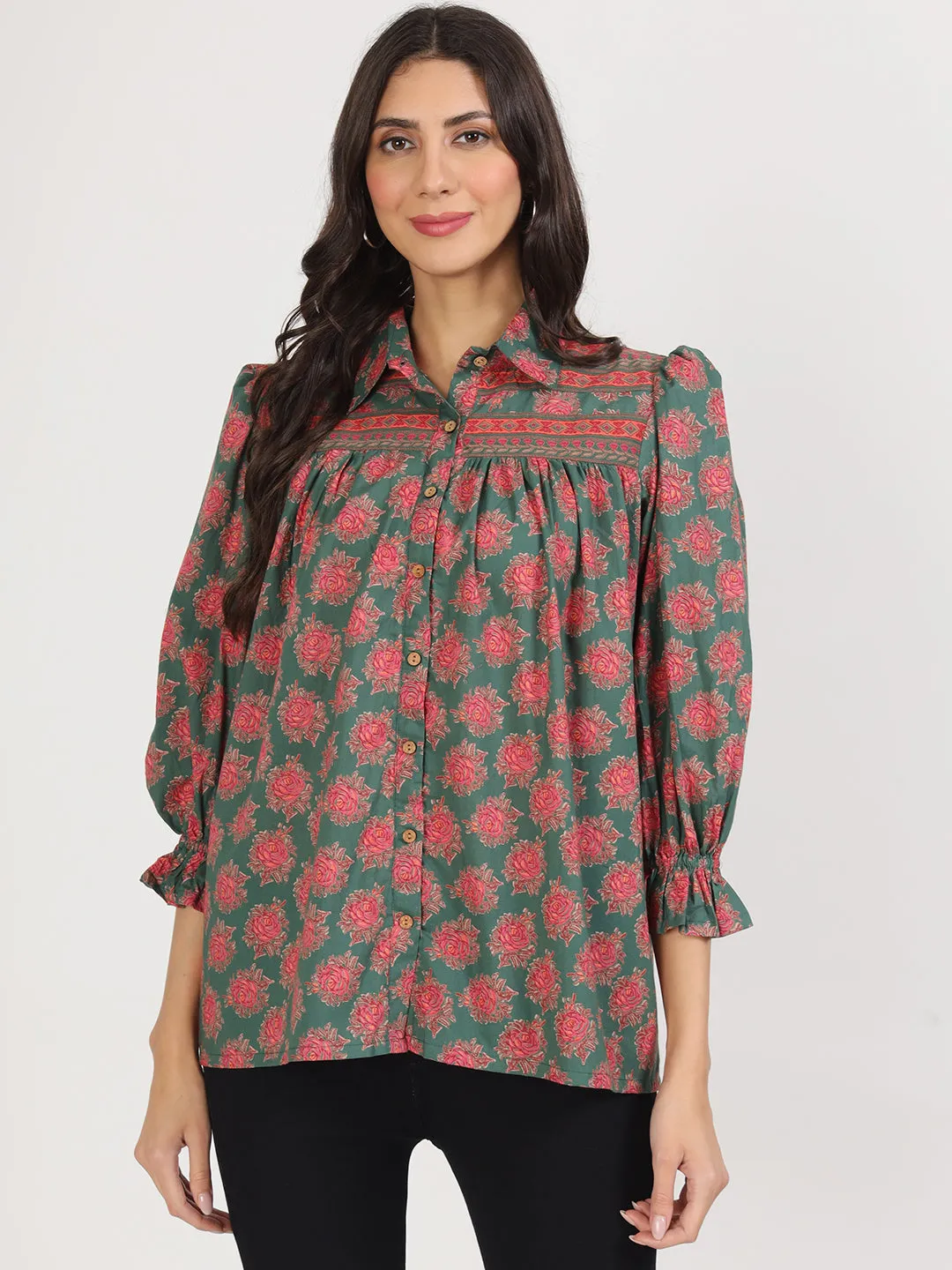 Jashvi Green Cotton Peplum FitCollar Neck top for Women