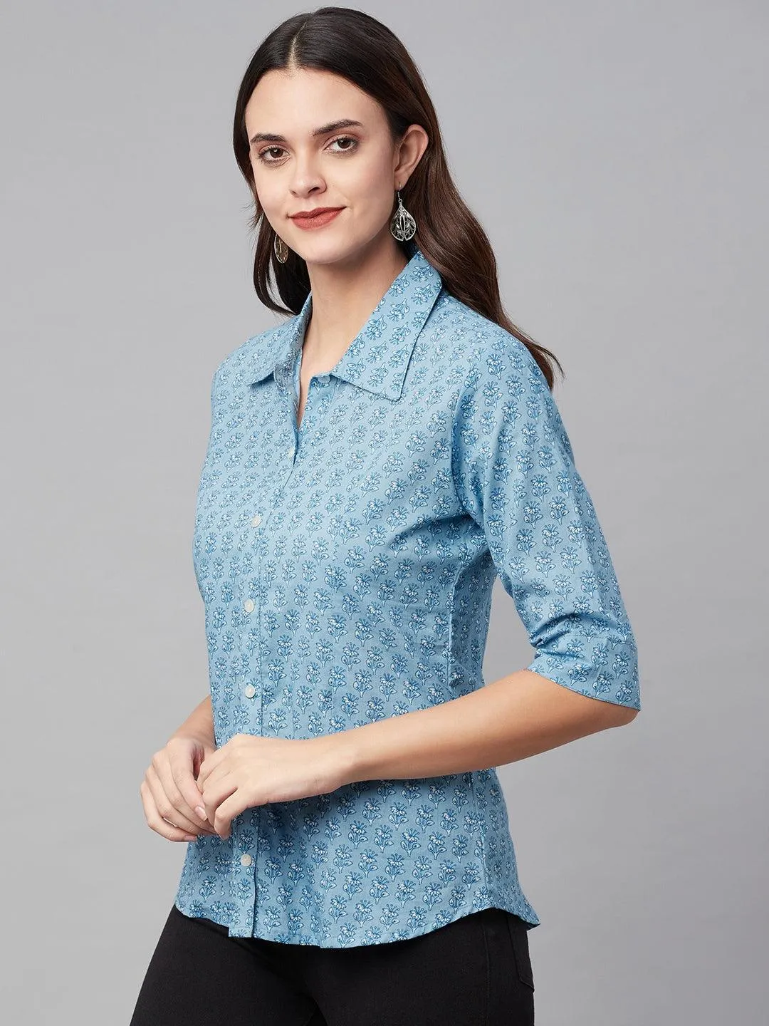 Jashvi Sky Blue Block Printed Casual Women Shirts