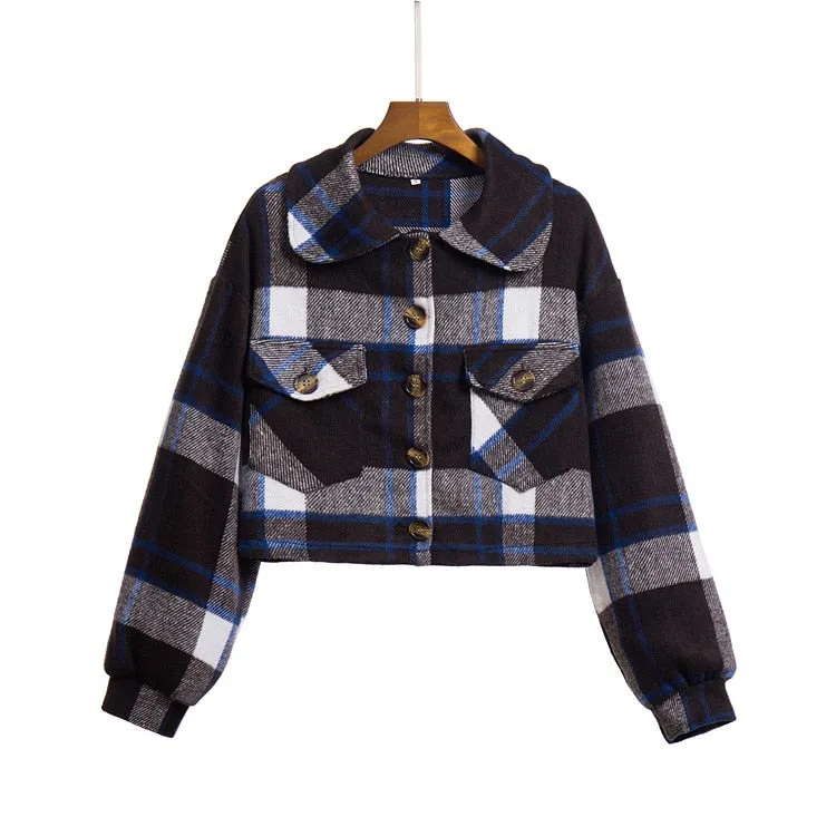 Joskaa Plaid Jacket Women Coat 2024 Autumn  And Winter Vintage Stylish Pockets Loose Jacket Coat Casual Warm Chic Tops