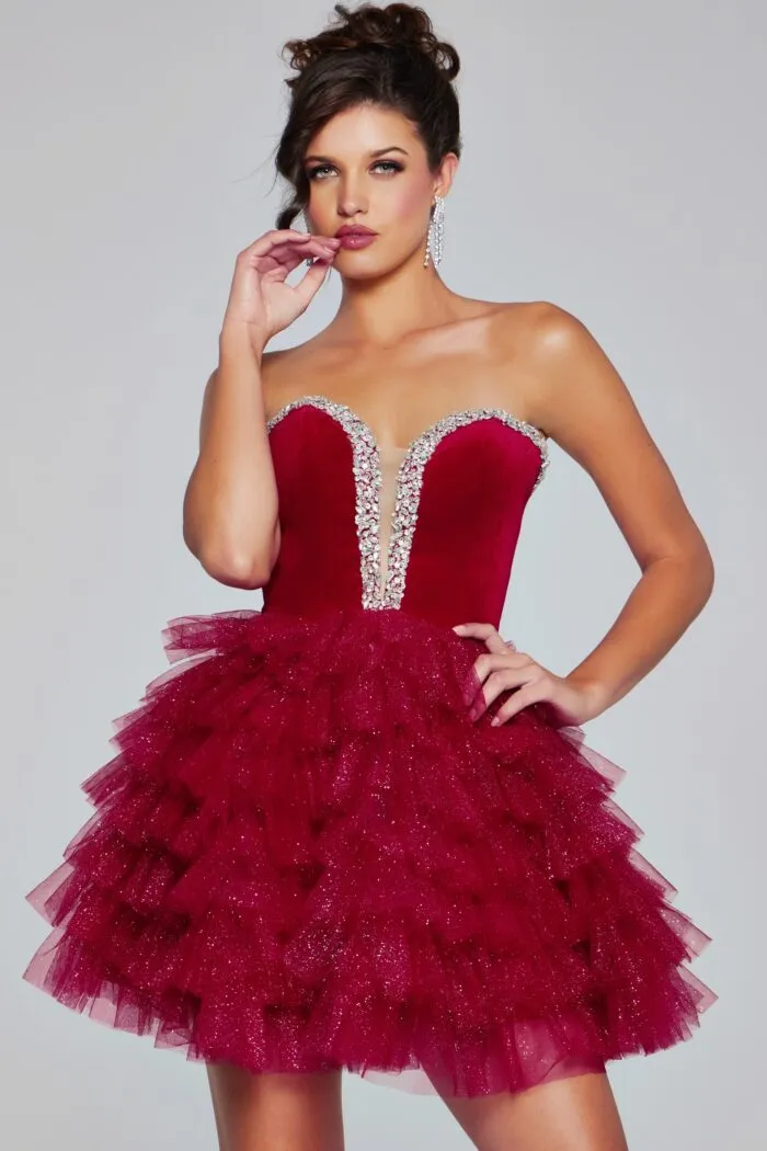 Jovani 40352 Velvet Short Cocktail Dress Layer Tulle Shimmer Homecoming Gown Pageant