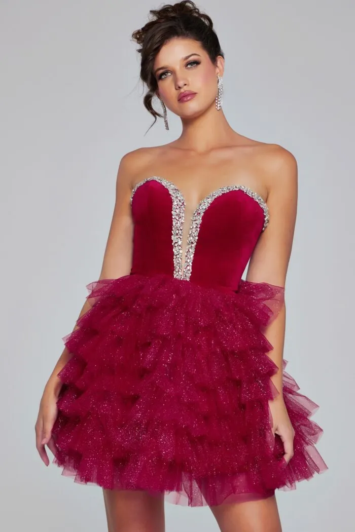 Jovani 40352 Velvet Short Cocktail Dress Layer Tulle Shimmer Homecoming Gown Pageant