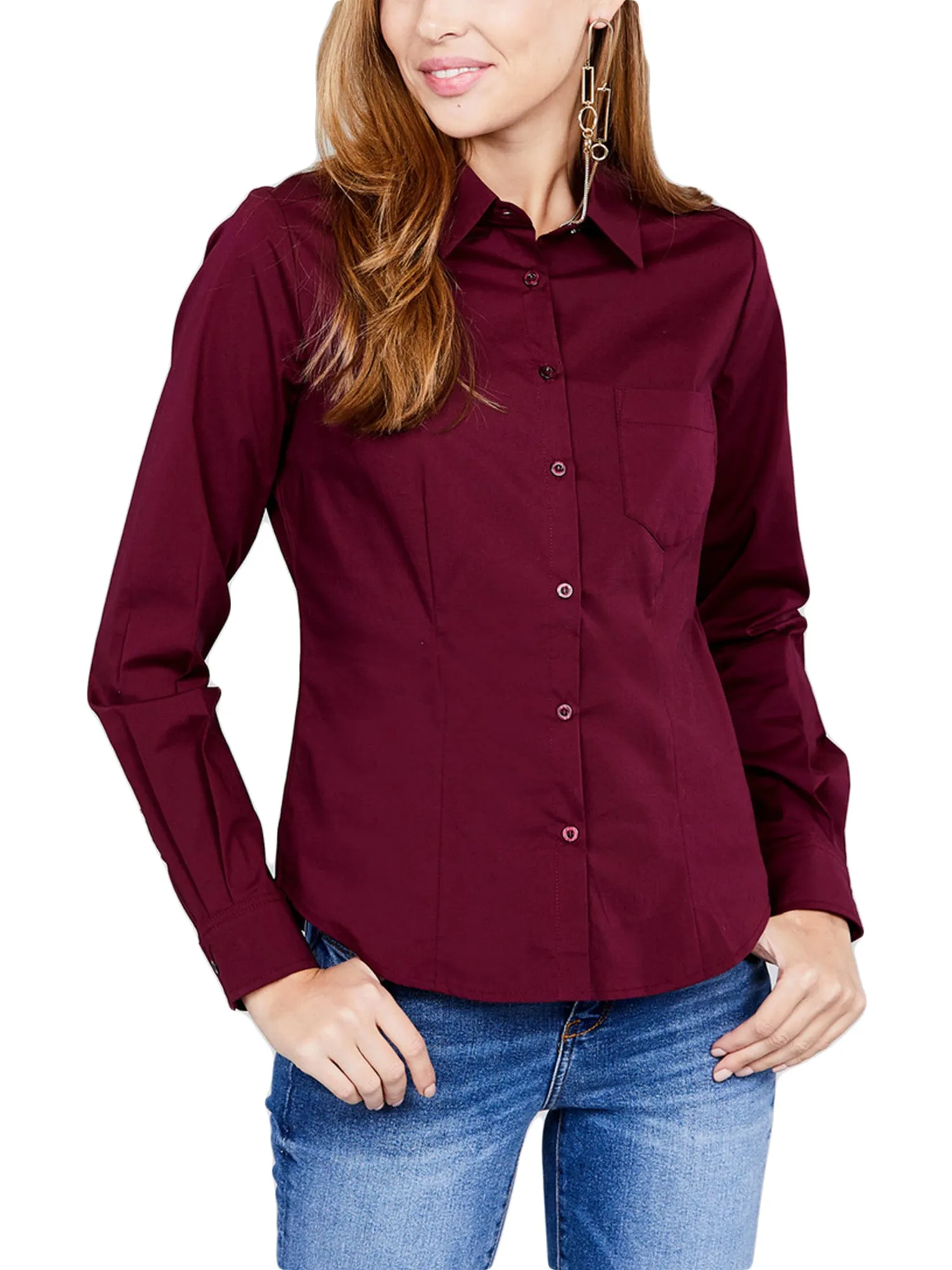 KOGMO Womens Long Sleeve Button Down Shirts Office Work Blouse with Pocket (S-3X)