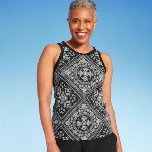 Lands' End Women's UPF 50 Bandana Print High Neck Tankini Top - Black M