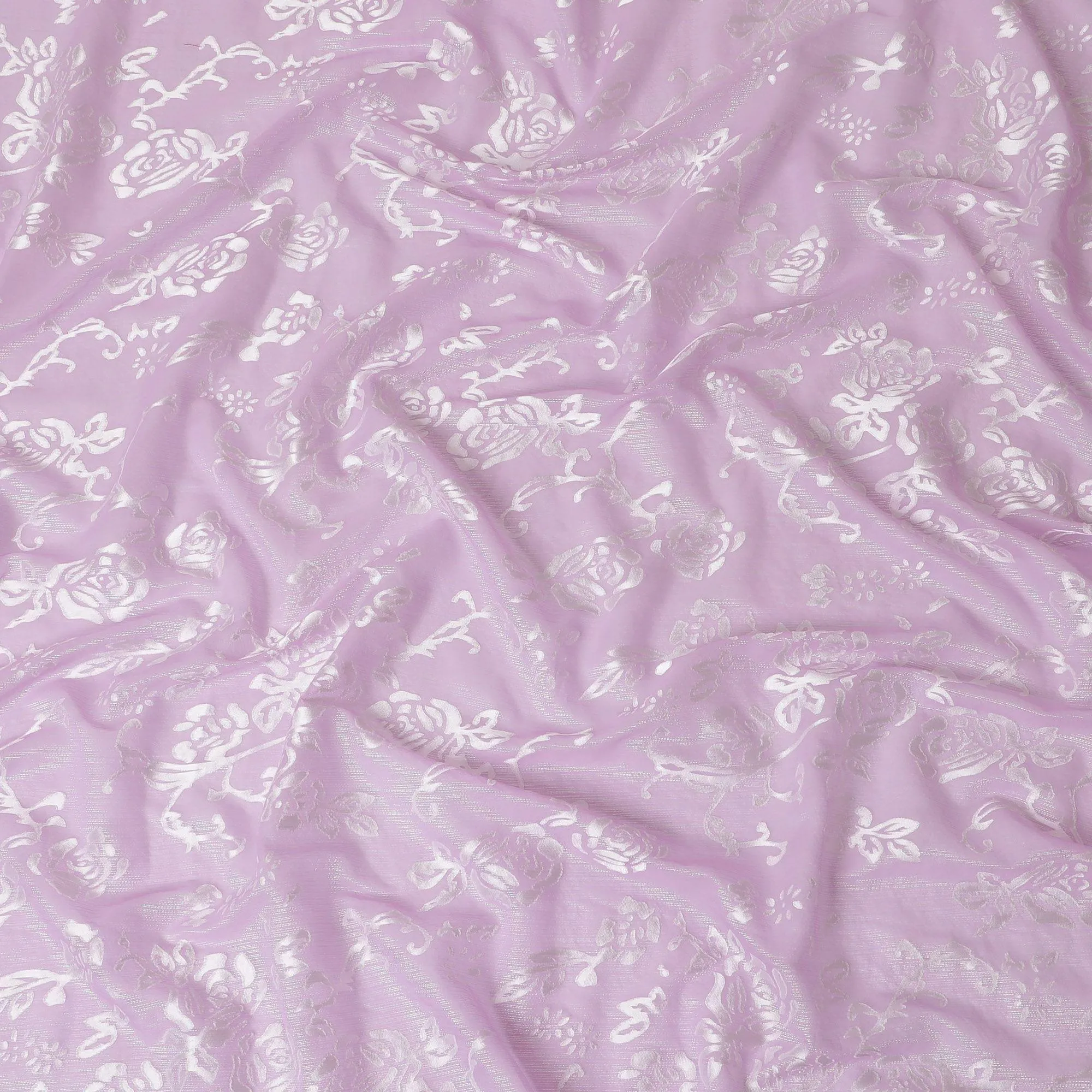 Lavender Premim pure silk chiffon fabric with silver jacquard in floral design-D15325