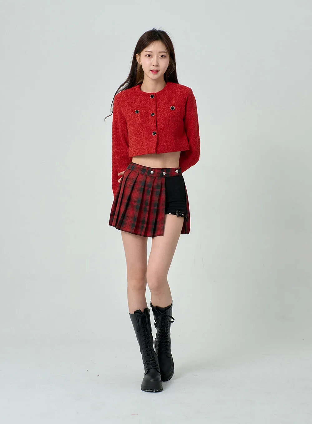 Layered Plaid Pleated Mini Skirt And Short Pants BN22