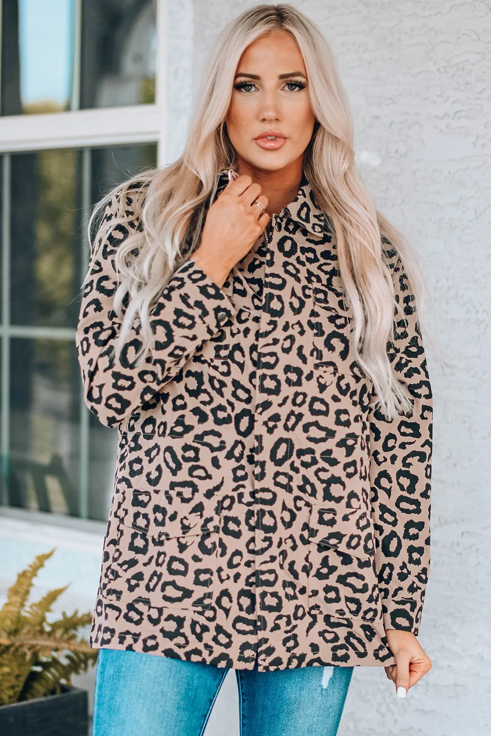 Leopard Print Drawstring Waist Jacket with Pockets