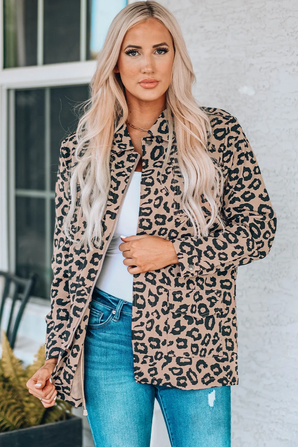 Leopard Print Drawstring Waist Jacket with Pockets