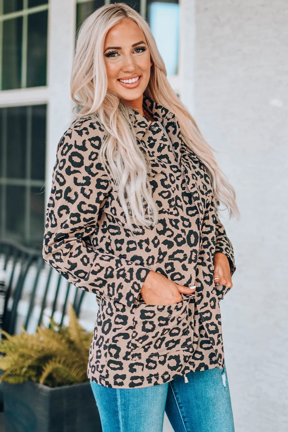 Leopard Print Drawstring Waist Jacket with Pockets