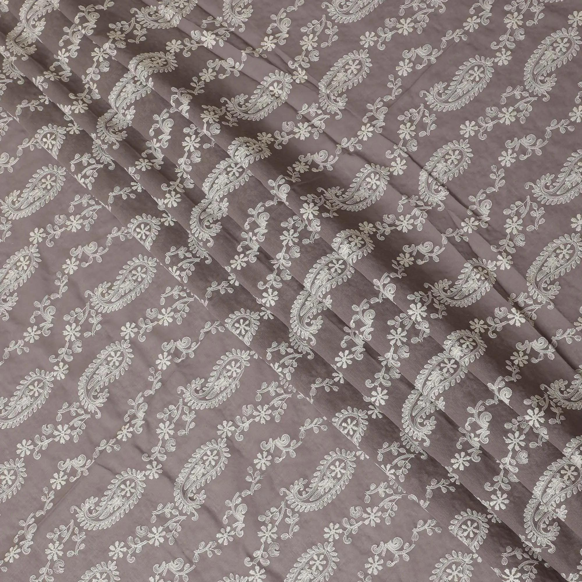 Light brown premium pure cotton voile fabric with beige embroidery in paisley design-D13634