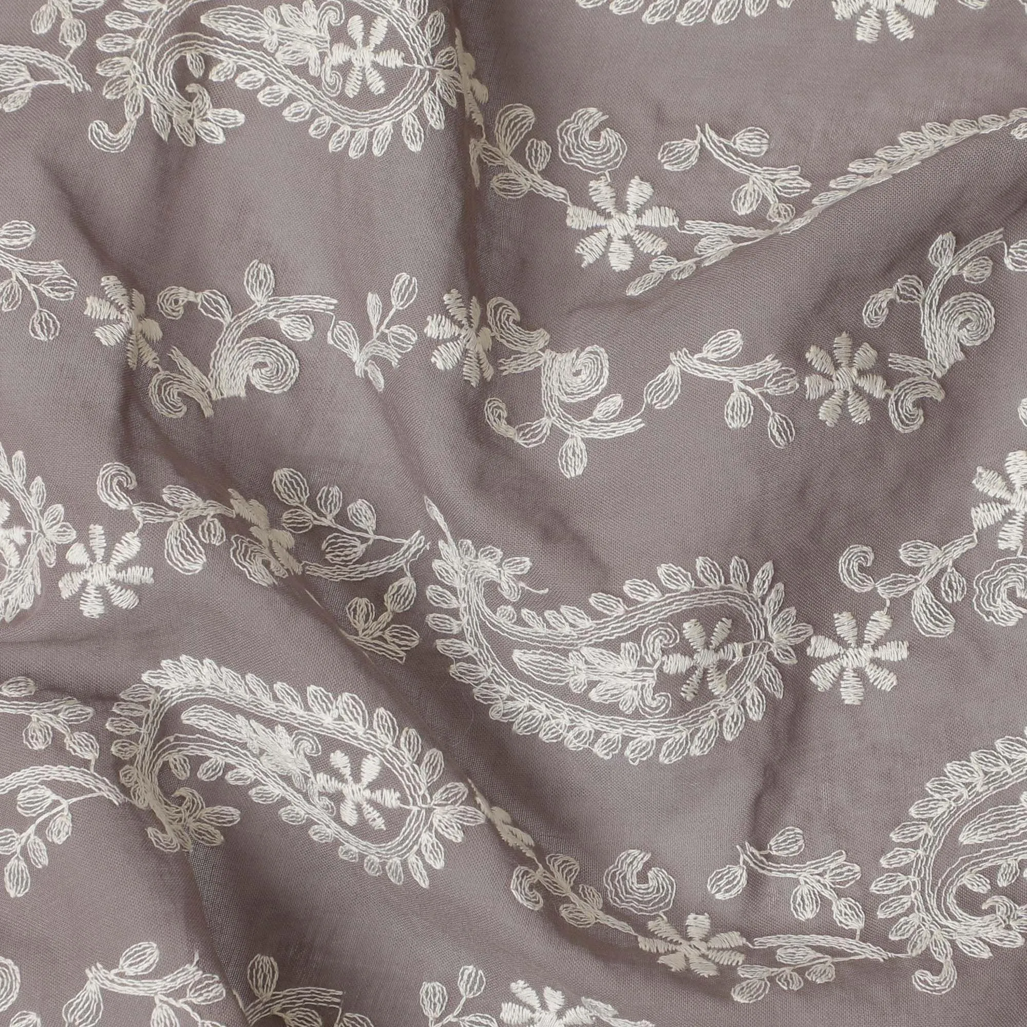 Light brown premium pure cotton voile fabric with beige embroidery in paisley design-D13634