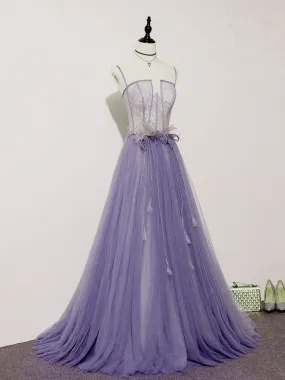 Light Purple Lace Top and Tulle A-line Straps Evening Dress Formal Dress, Purple Prom Dress