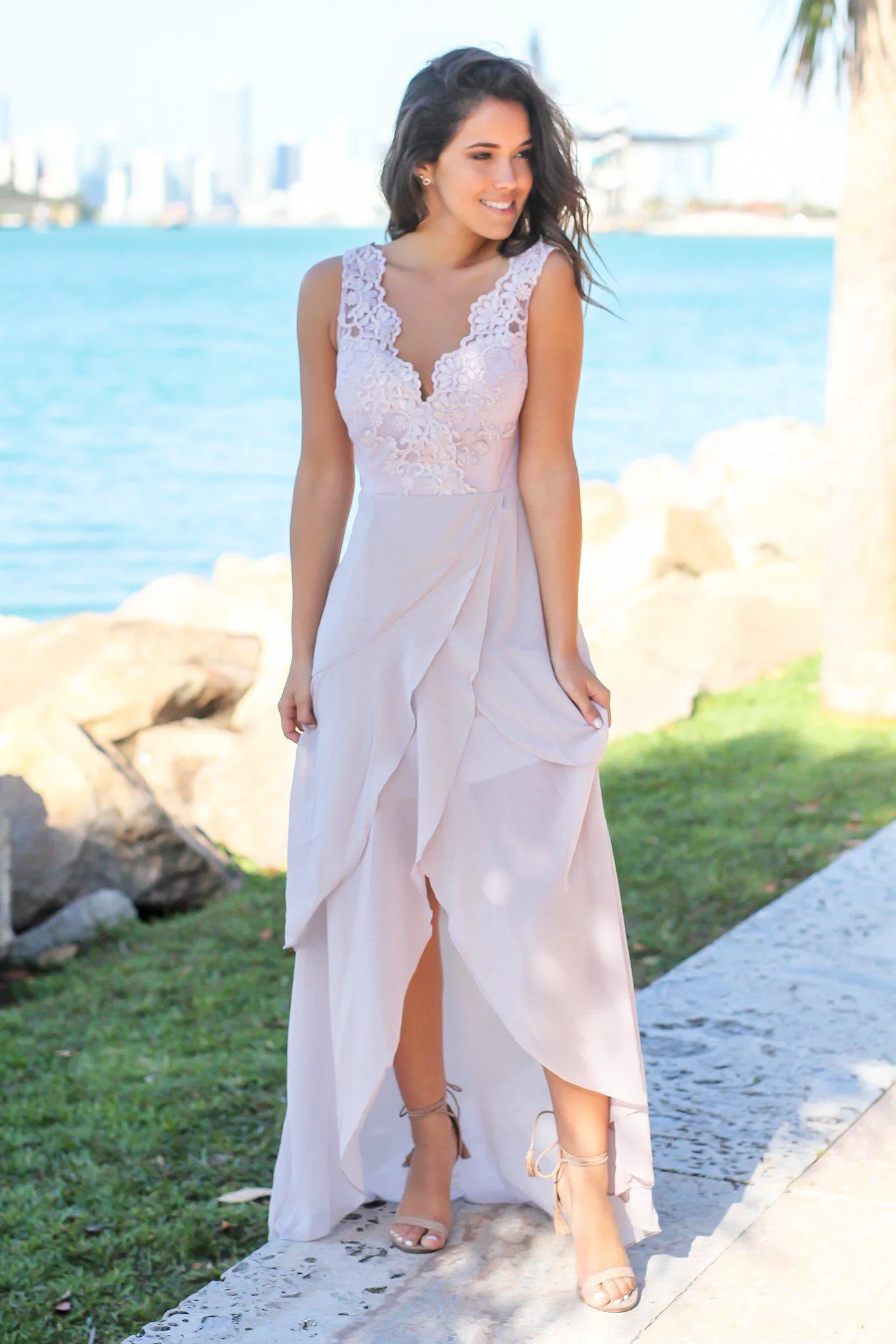 Lilac Gray Maxi Dress with Embroidered Top