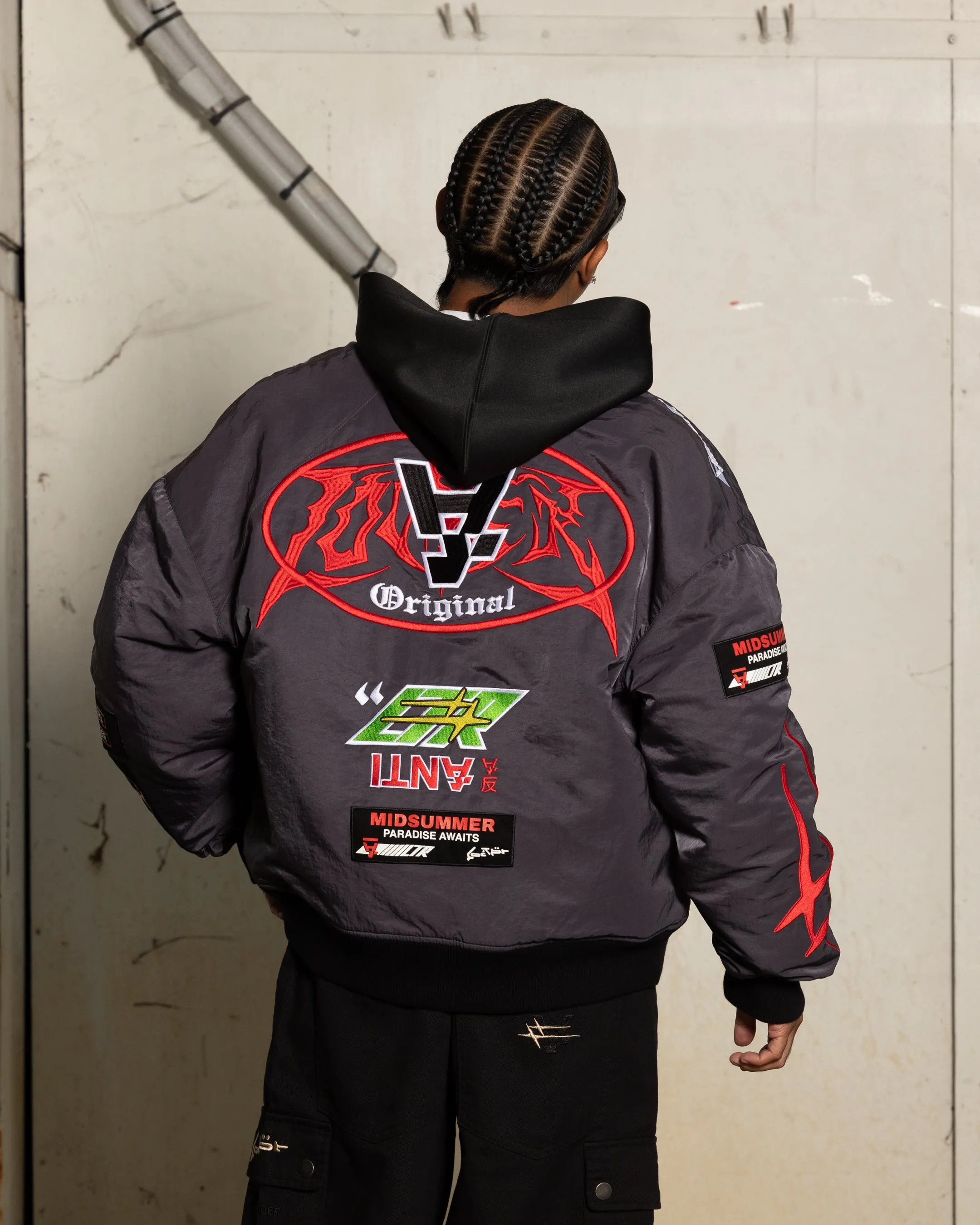 Loiter X The Anti Order Racer Bomber Jacket Charcoal