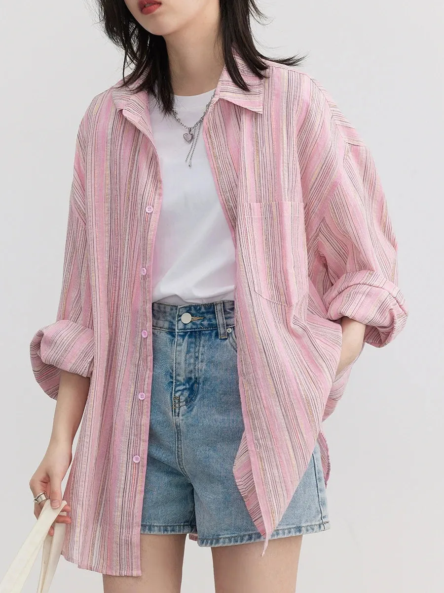 LVSANW CHIC VEN Fashion Women Shirt Loose Striped Pink Linen Blouses for Woman Long Sleeve Female Top Sunscreen Coat New 2024 Summer