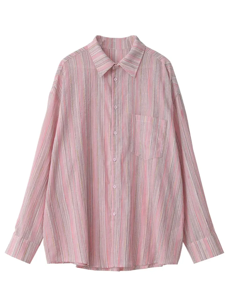 LVSANW CHIC VEN Fashion Women Shirt Loose Striped Pink Linen Blouses for Woman Long Sleeve Female Top Sunscreen Coat New 2024 Summer