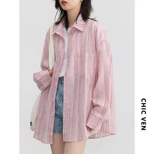 LVSANW CHIC VEN Fashion Women Shirt Loose Striped Pink Linen Blouses for Woman Long Sleeve Female Top Sunscreen Coat New 2024 Summer