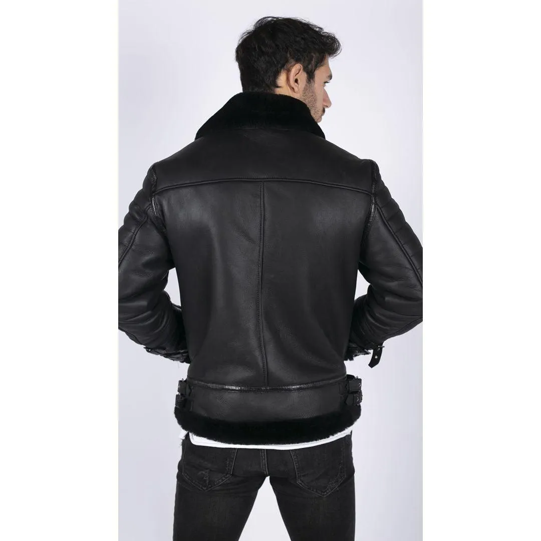 Mens Black Real Sheepskin Flying Jacket Zipped WW2 Pilot Black Winter Warm Coat