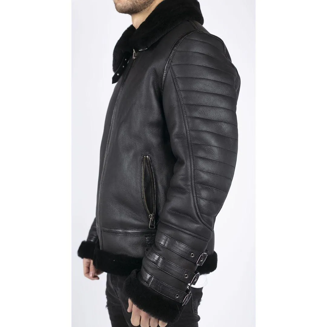 Mens Black Real Sheepskin Flying Jacket Zipped WW2 Pilot Black Winter Warm Coat