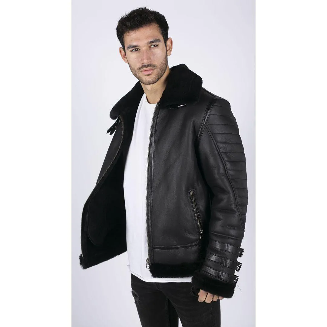 Mens Black Real Sheepskin Flying Jacket Zipped WW2 Pilot Black Winter Warm Coat