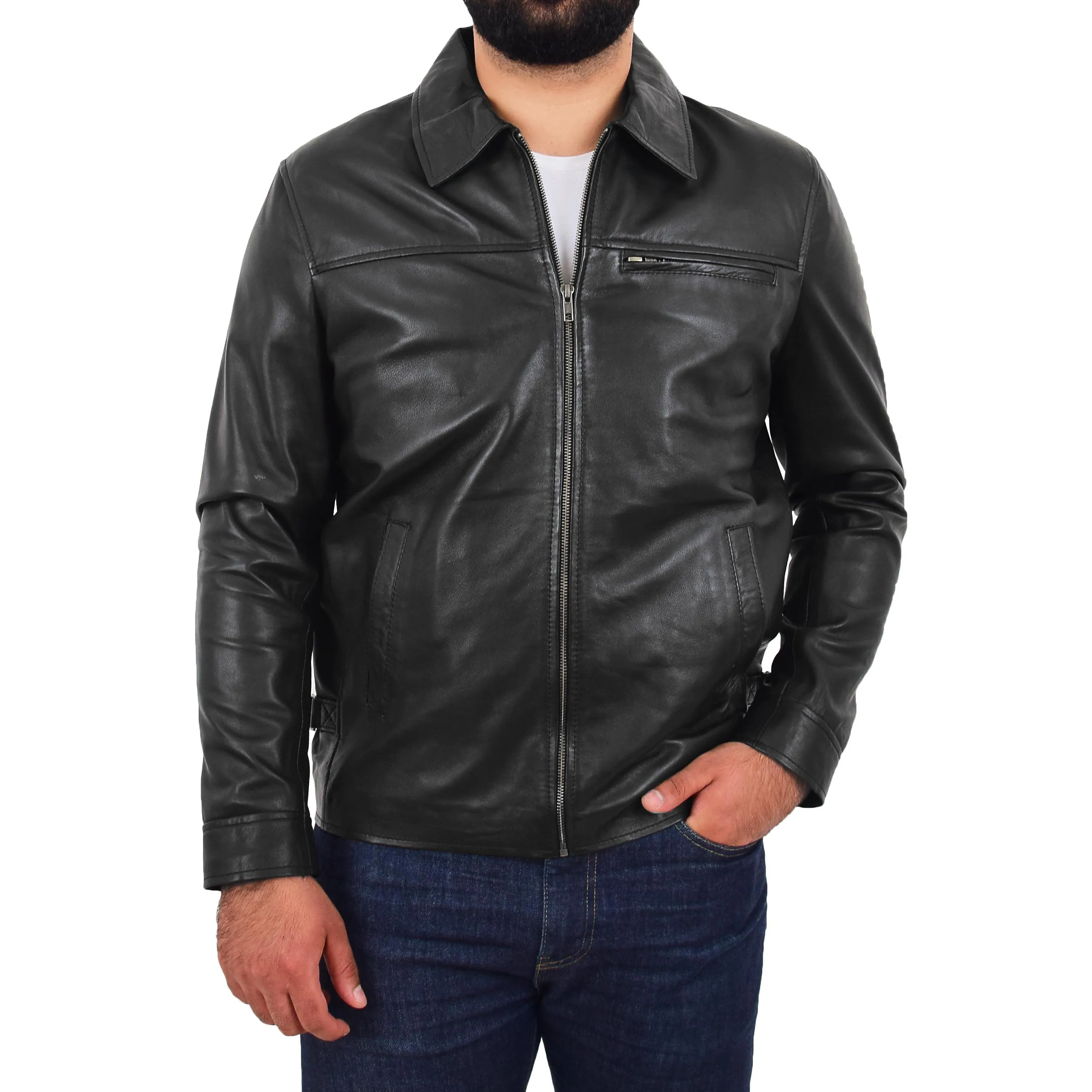 Mens Leather Jacket Genuine Soft Black Zip Fasten Box Style Sean