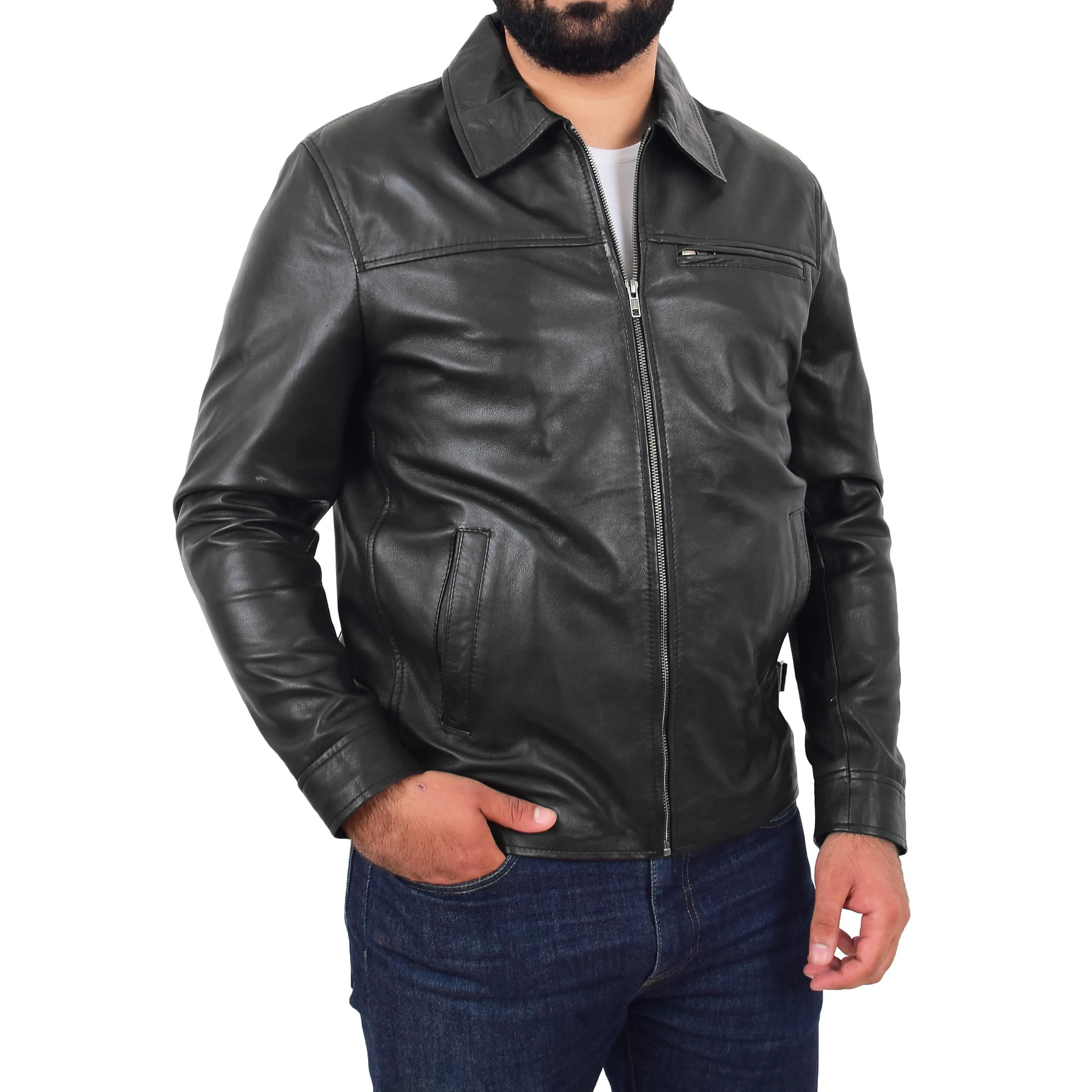 Mens Leather Jacket Genuine Soft Black Zip Fasten Box Style Sean